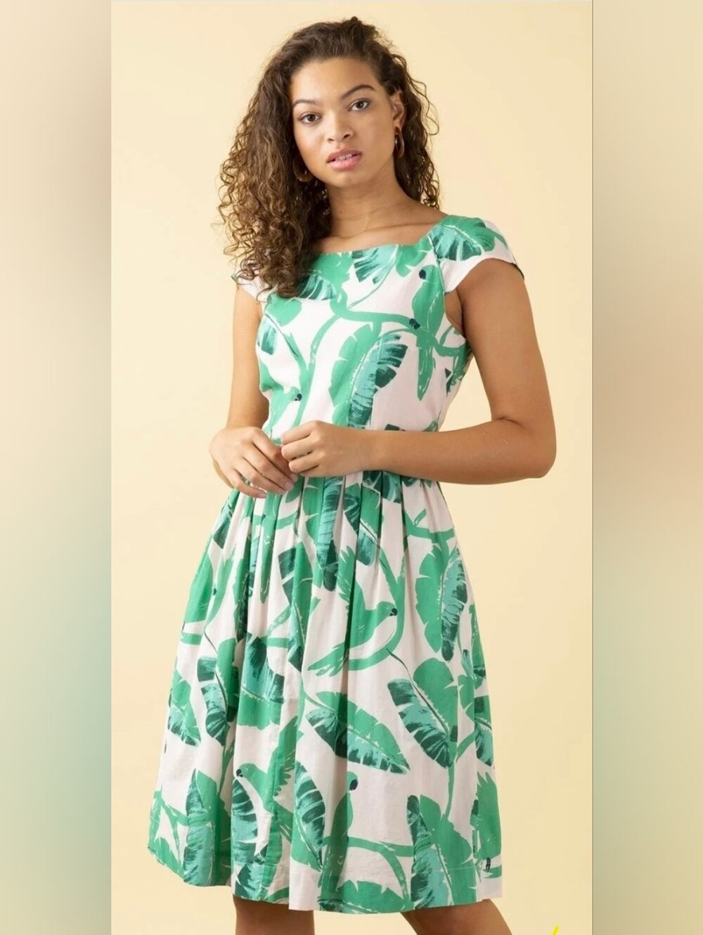 Emily and Fin Claudia Botanical Parakeets Cotton Midi Dress L Pockets